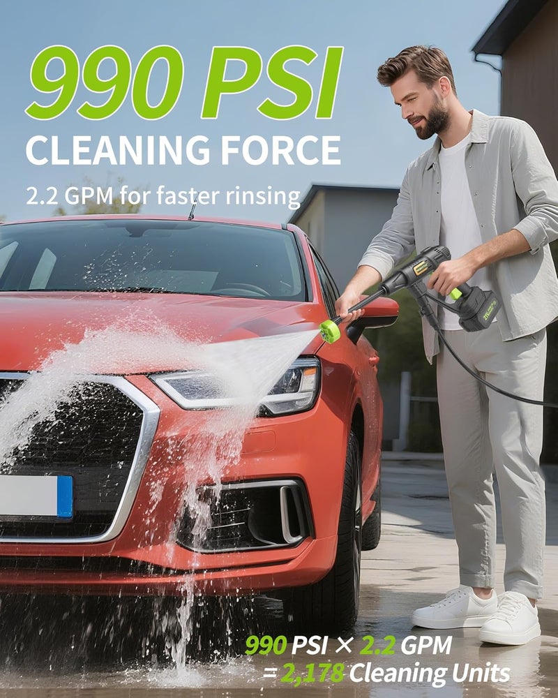 MIMYTH Cordless Pressure Washer Battery Powered; 990PSI Cordless Power Washer with 6-in-1 Nozzle, 23FT High-Elastic Hose, 21V Battery&Charger Portable Handheld Pressure Washer Cleaner for Home, Car (DH02-3) - Image 2